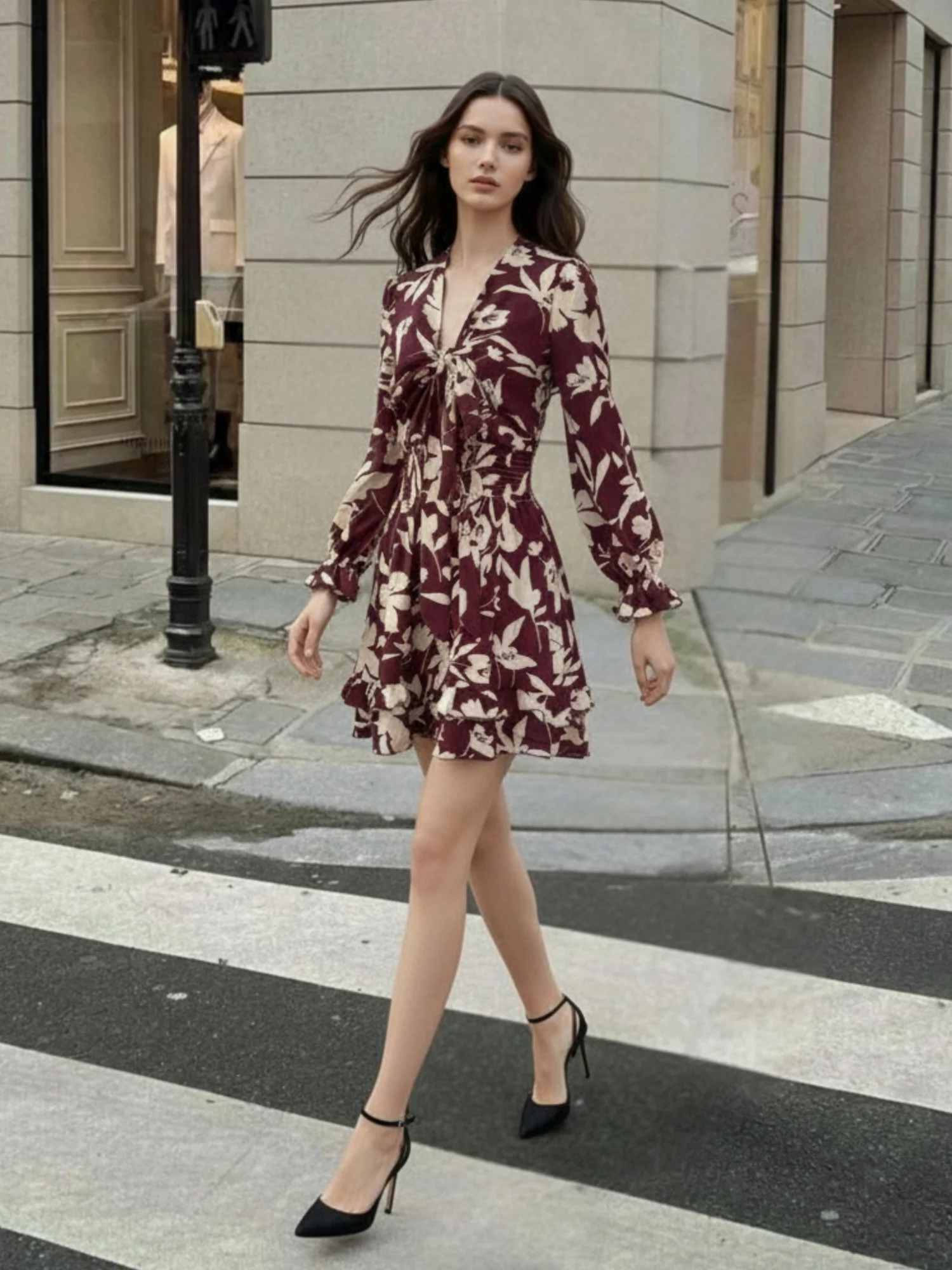 Wine Bishop Sleeve Front Tie-Up Printed Dress - Image 2