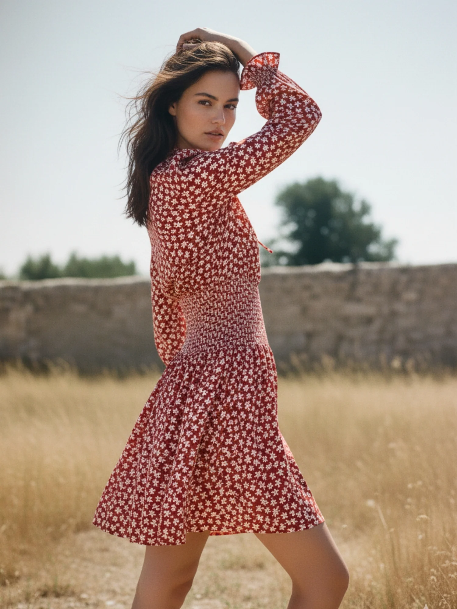 Wine Bishop Sleeve Waist Fitted Printed Dress - Image 2
