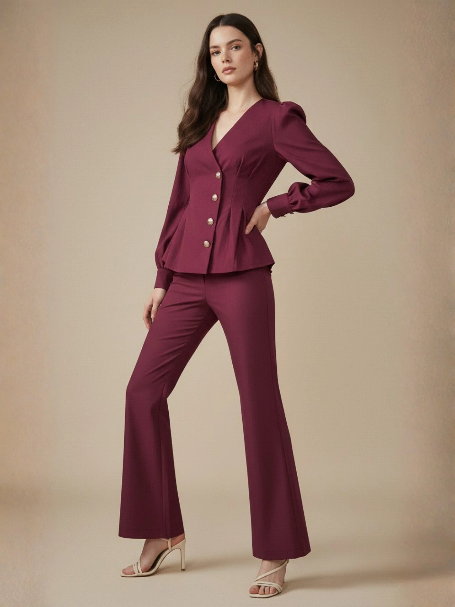 Wine Cinched Waist Vest Top With Pants Co-Ord Set - Image 2