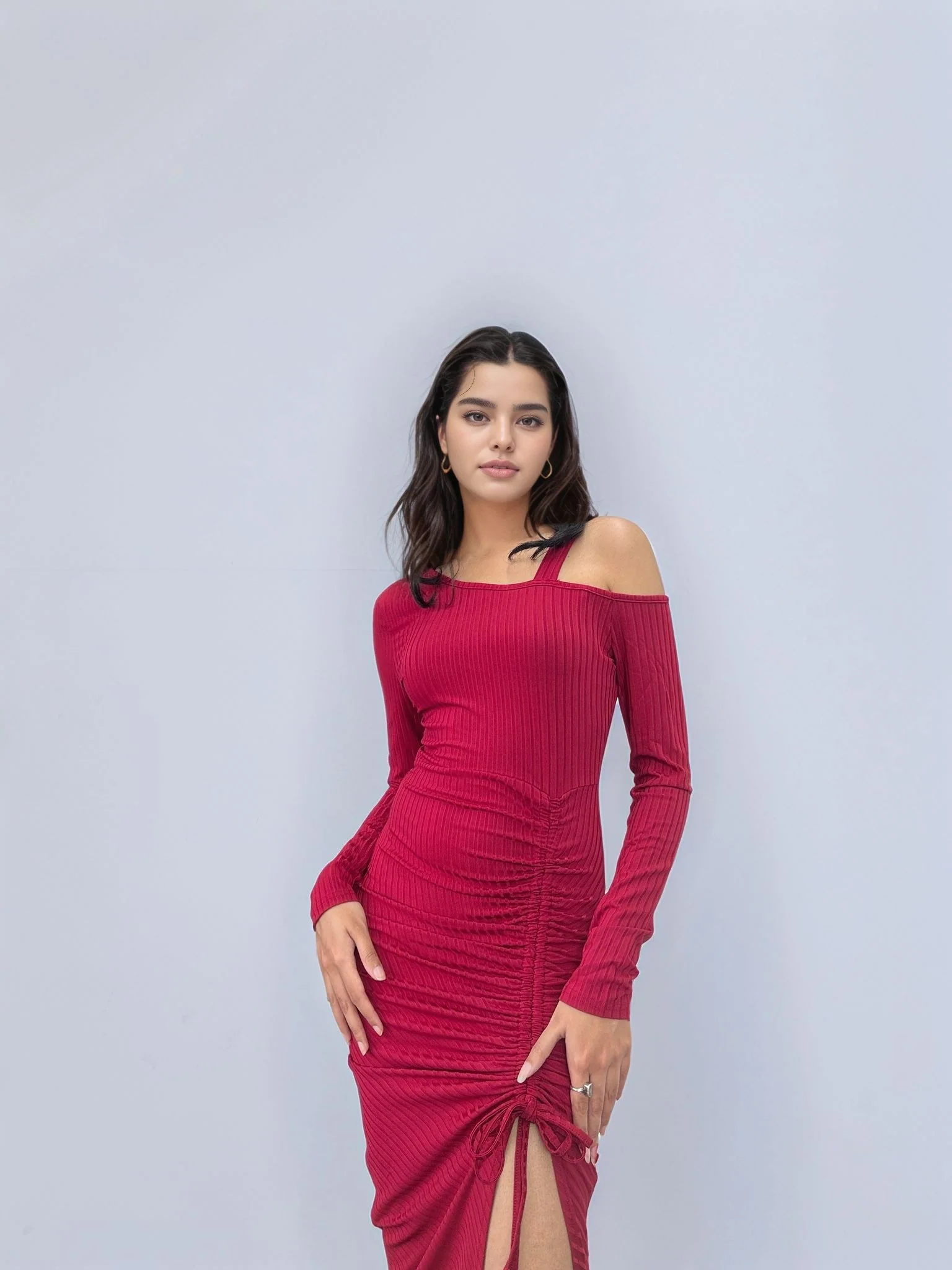 Wine Cold Shoulder Ruched Dress - Image 2