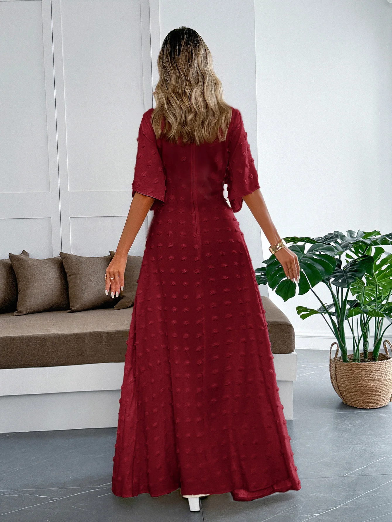 Wine Flare Sleeve V Neck Dress - Image 2