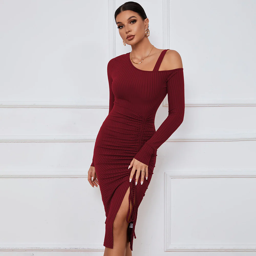 Wine Full Sleeve Cold Shoulder Front Ruched Dress - Image 4