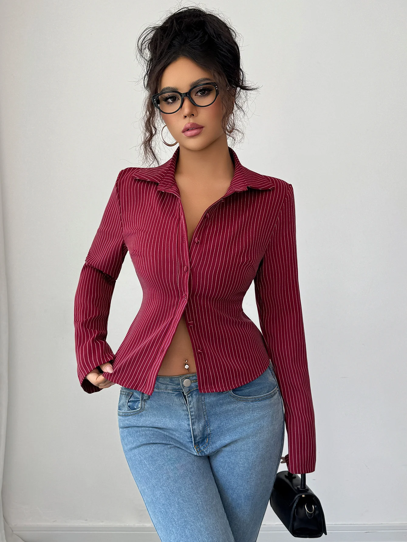 Wine Full Sleeve Collared Neck Front Buttoned Top - Image 4