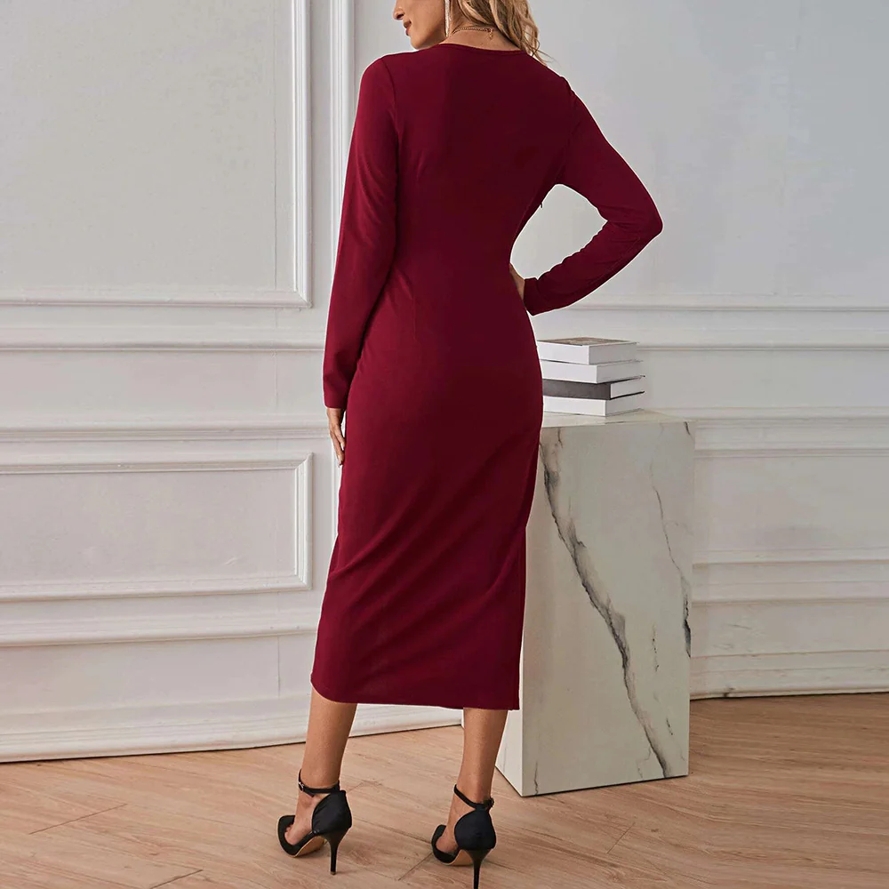 Wine Full Sleeve Front Twisted Dress - Image 2