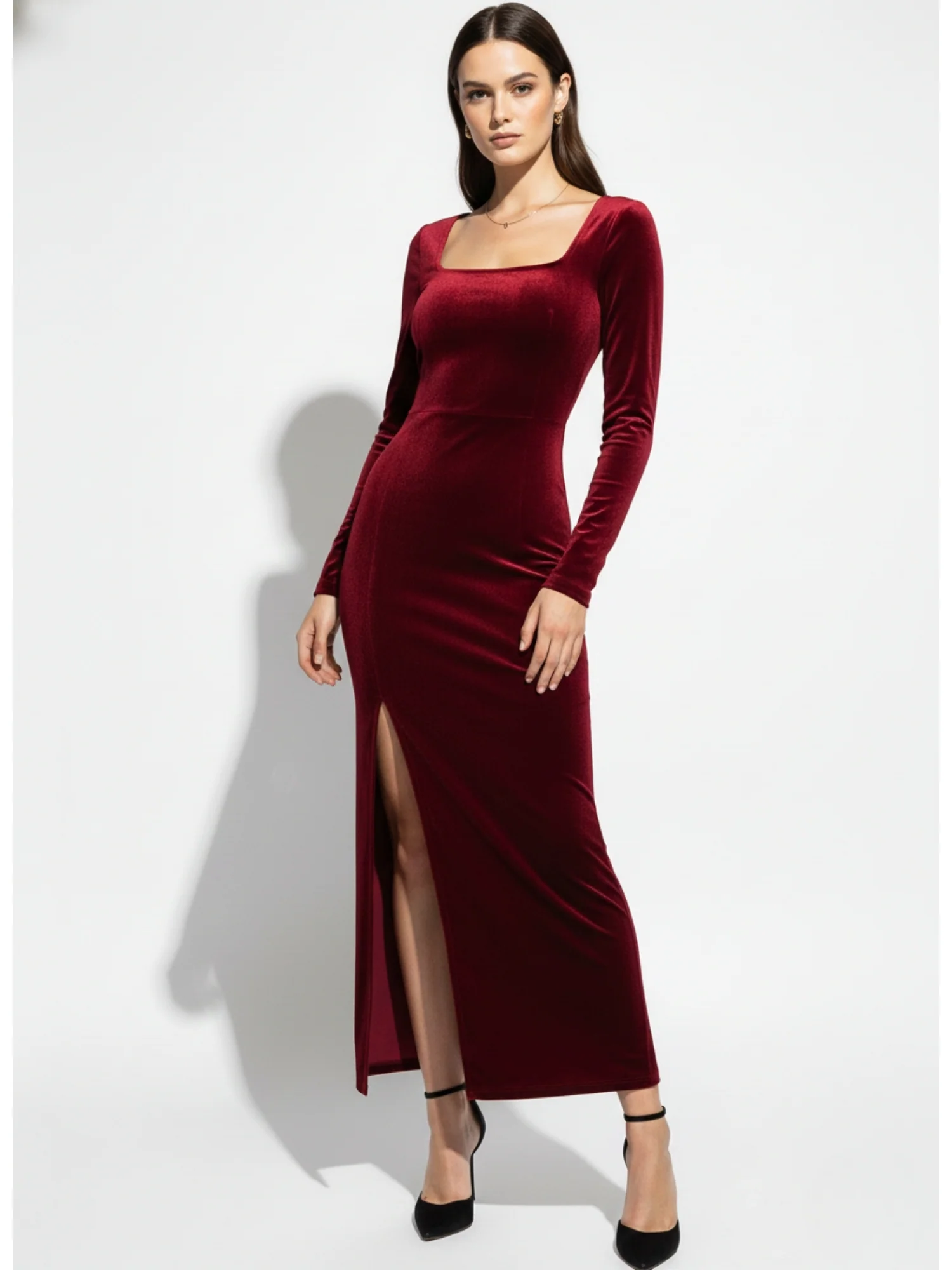 Wine Full Sleeve Square Neck Side Slit Dress - Image 2