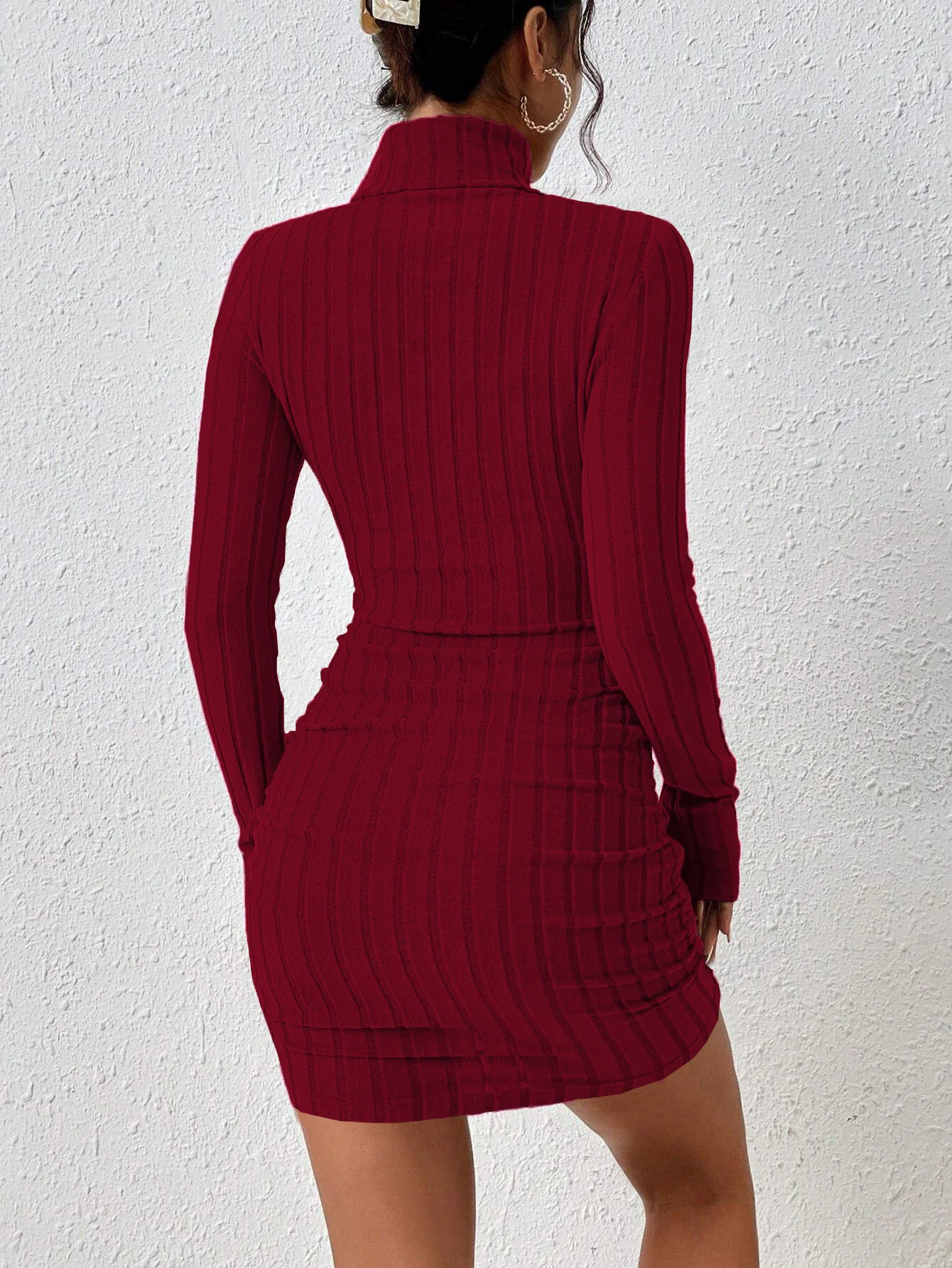 Wine Full Sleeved High Neck Bodycon Dress - Image 3