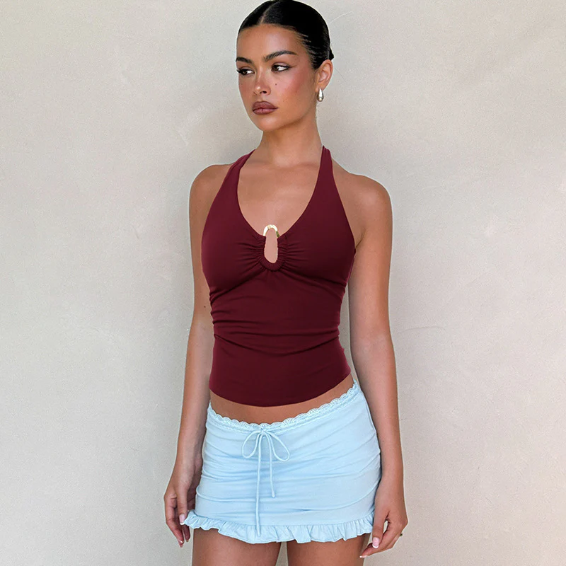 Wine Halter Neck Solid Tank