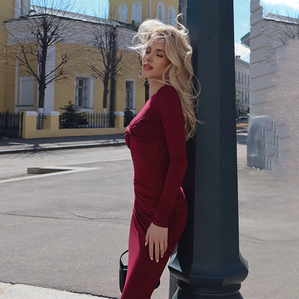 Wine High Neck Full Sleeve Dress - Image 2