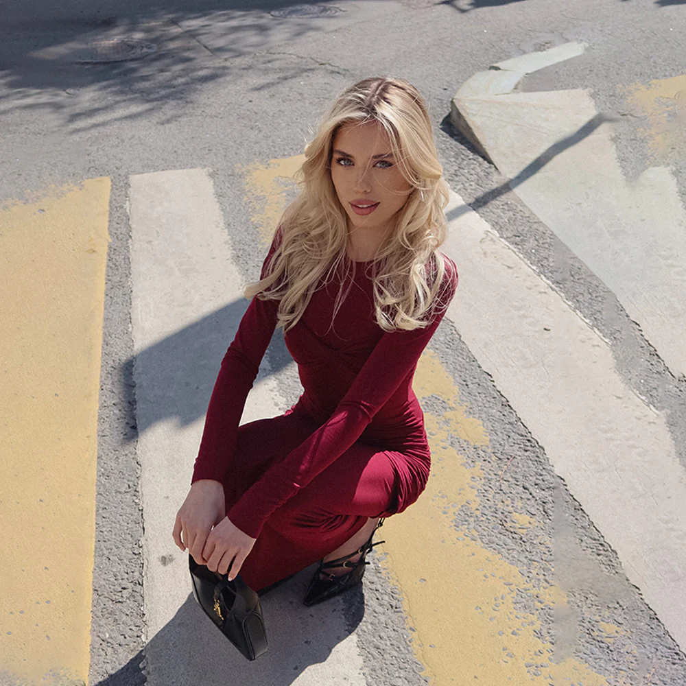 Wine High Neck Full Sleeve Dress - Image 5