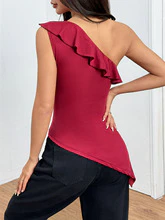 Wine One Shoulder Ruffle Hem Asymmetrical Top - Image 2