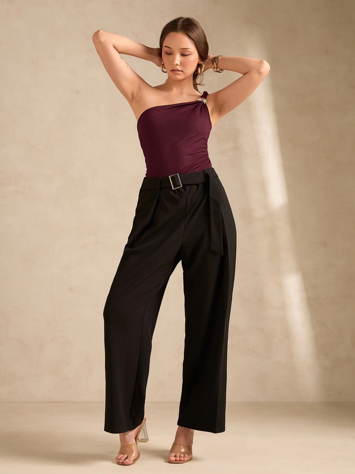 Wine One Shoulder Textured Metal Trim Top - Image 4