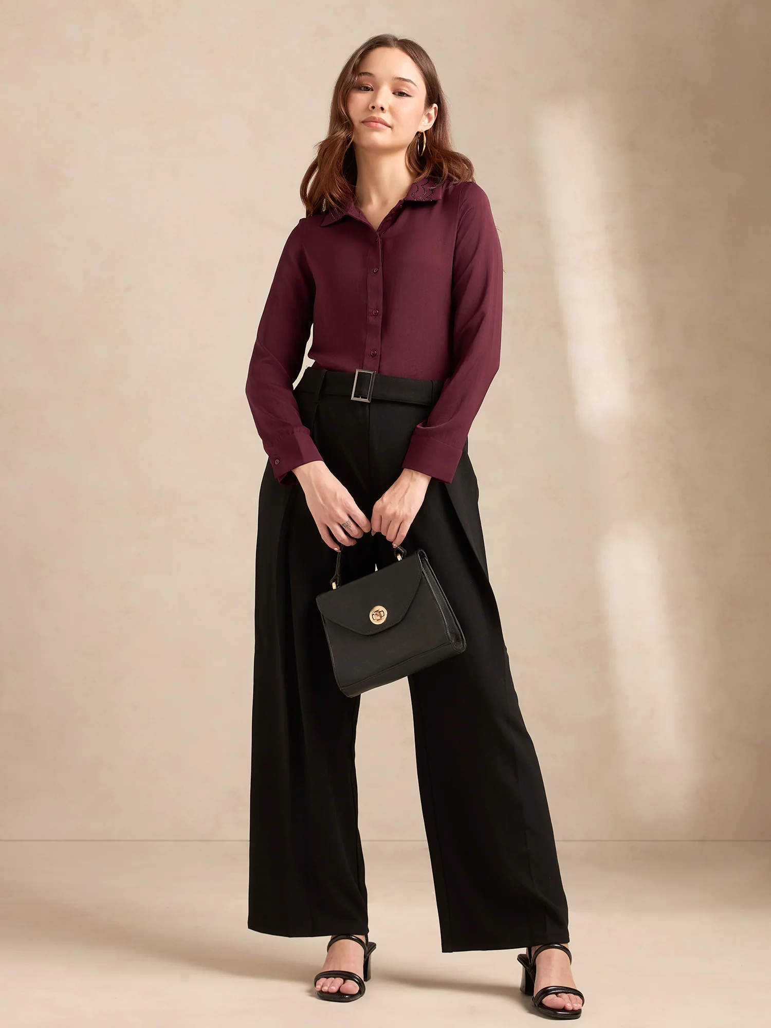 Wine Regular Satin Shirt With Embellished Collar - Image 3