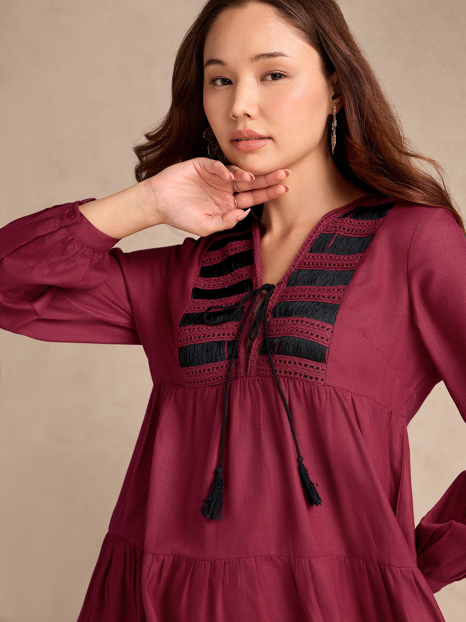 Wine Relaxed Fit Flared Dress With Embroidered On Yoke - Image 2