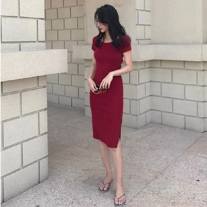 Wine Round Neck Side Dlit Midi Dress