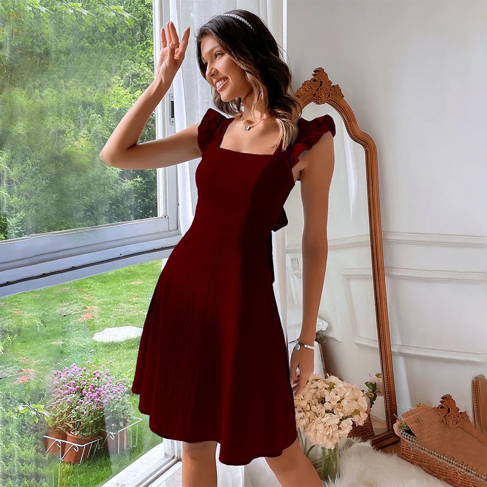 Wine Ruffle Sleeve Dress - Image 4