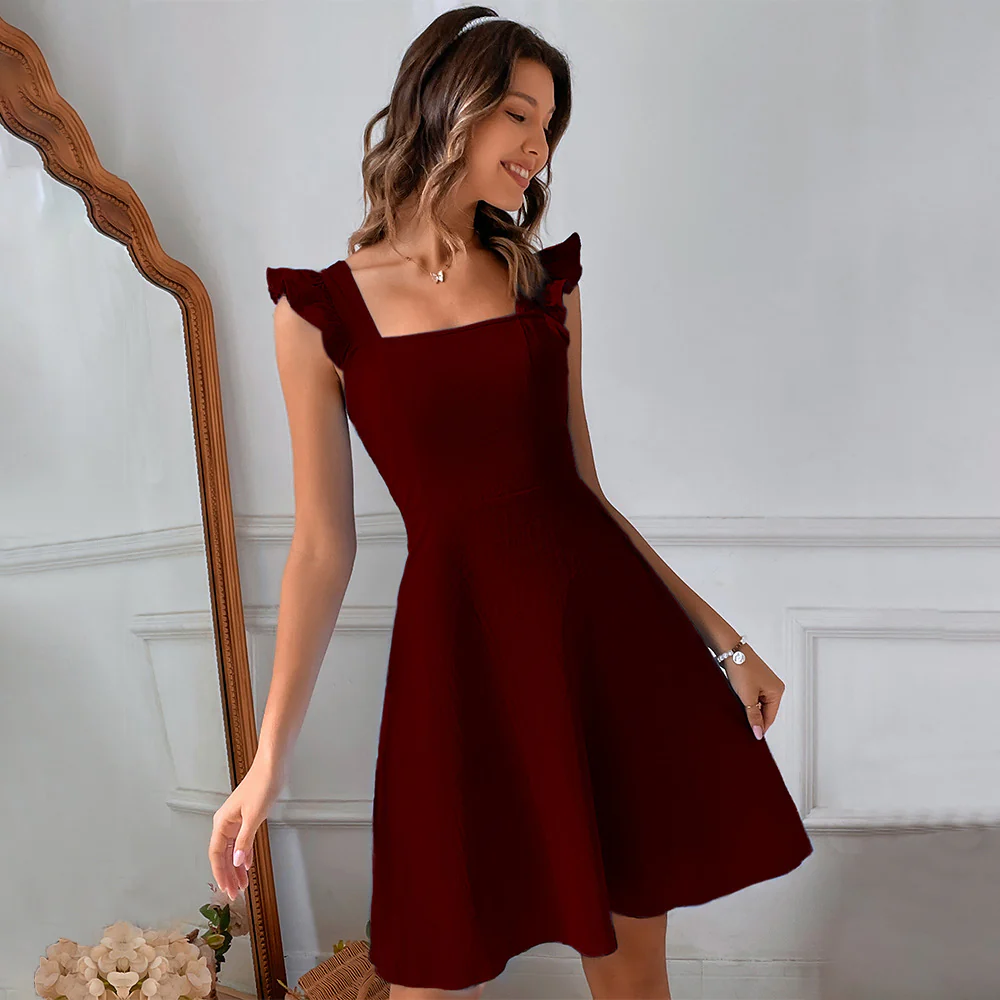 Wine Ruffle Sleeve Dress - Image 5