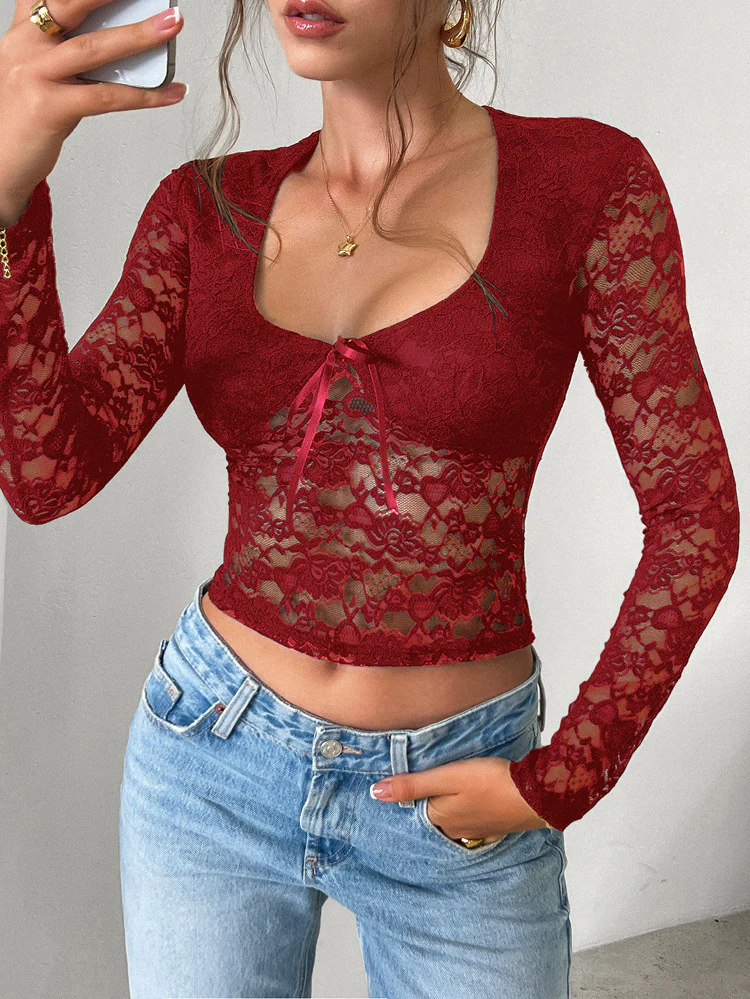 Wine Scoop Neck Lace Fitted Top - Image 3