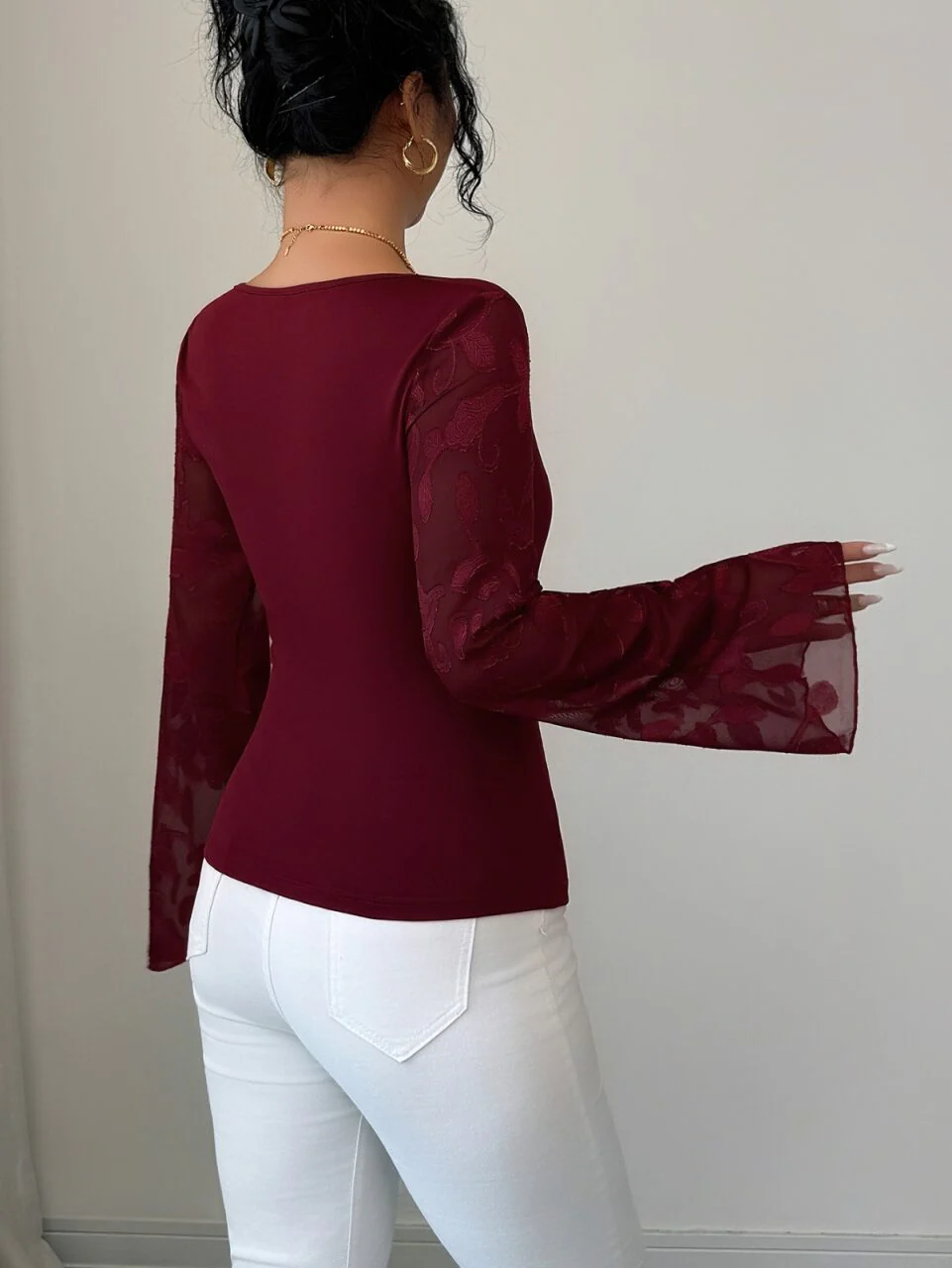 Wine Scoop Neck Top With Lace Bell Sleeves - Image 2