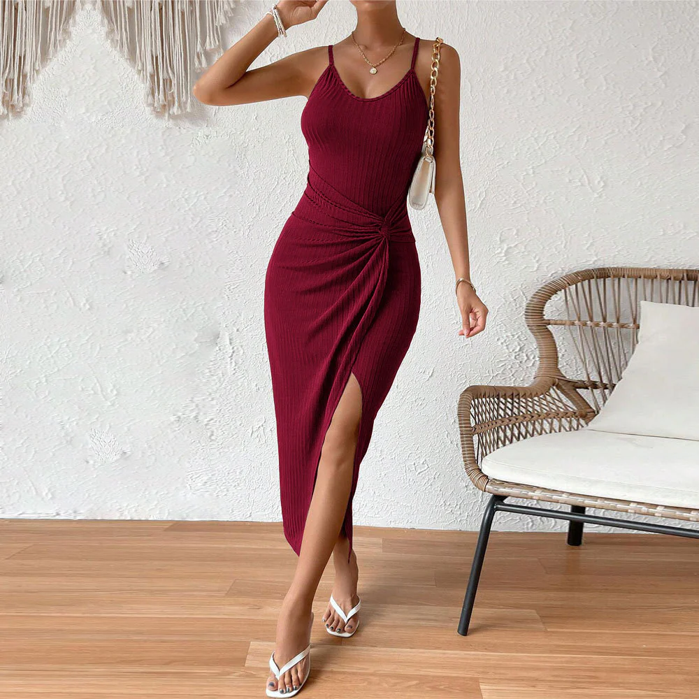 Wine Sleeveless Waist Twisted Dress - Image 3