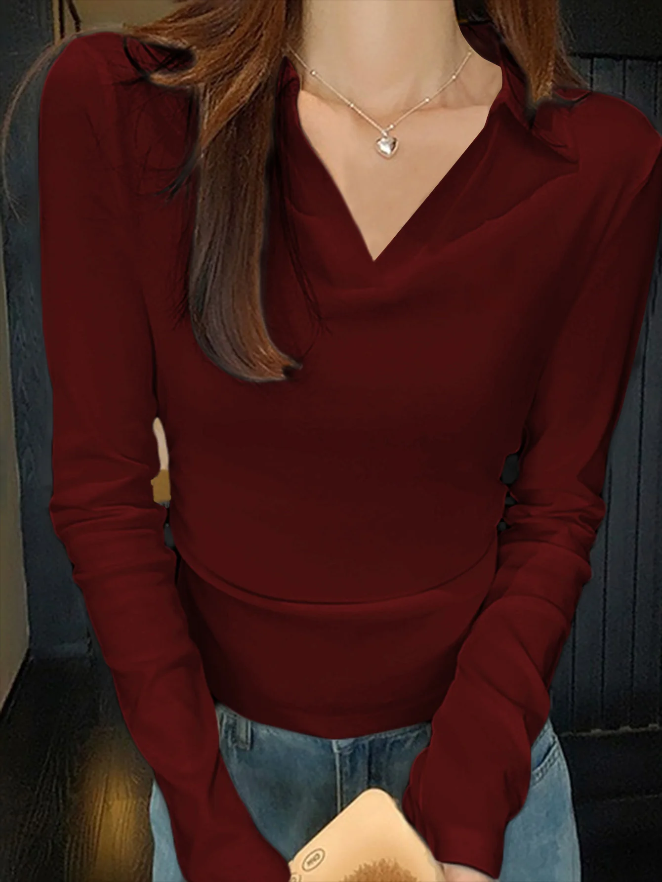 Wine Solid Collared Top