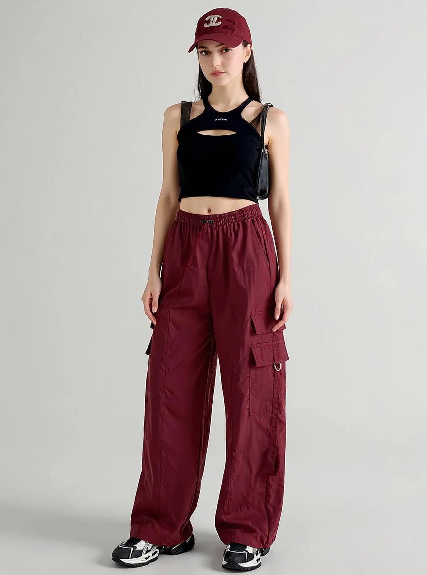 Wine Straight Fit Drawstring Parachute Cargo Pants