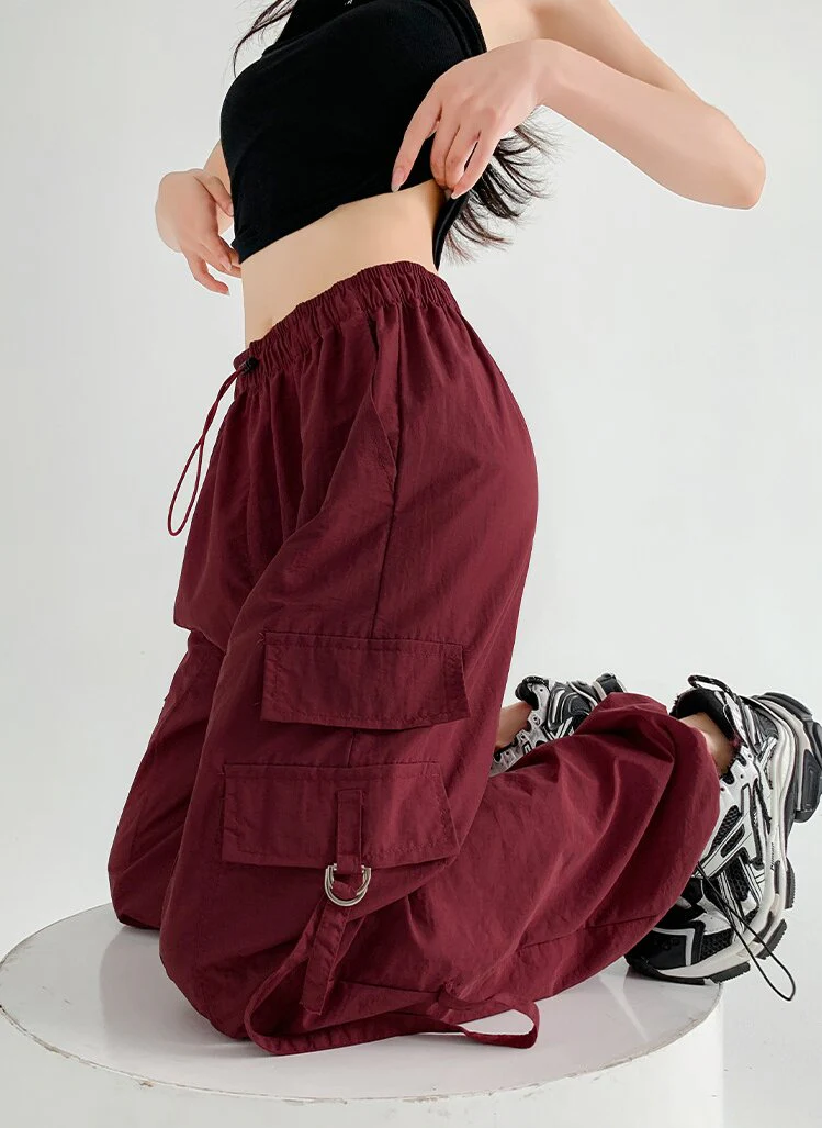 Wine Straight Fit Drawstring Parachute Cargo Pants - Image 4