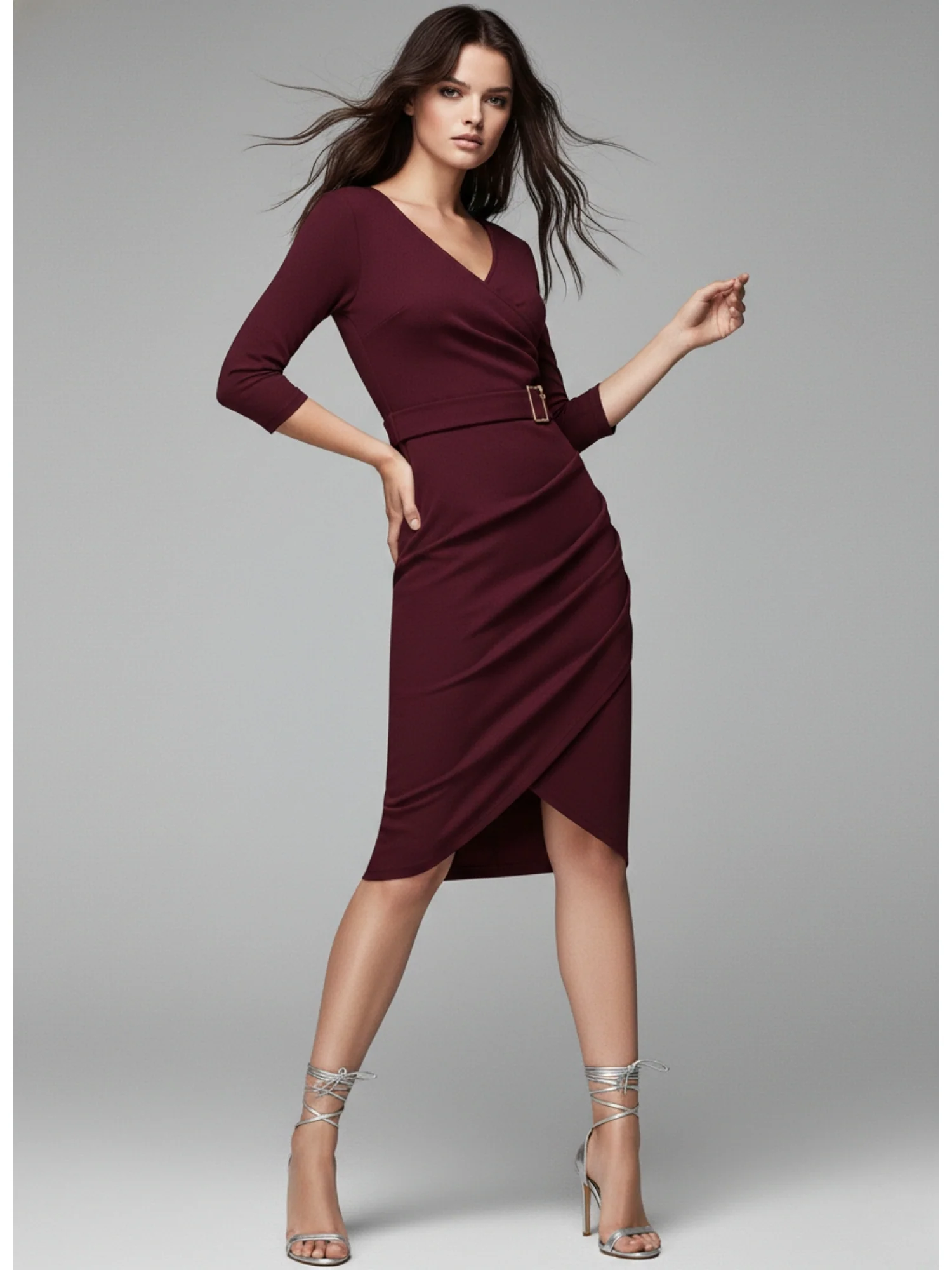 Wine Bodycon Sheath Dress With Belt - Image 3