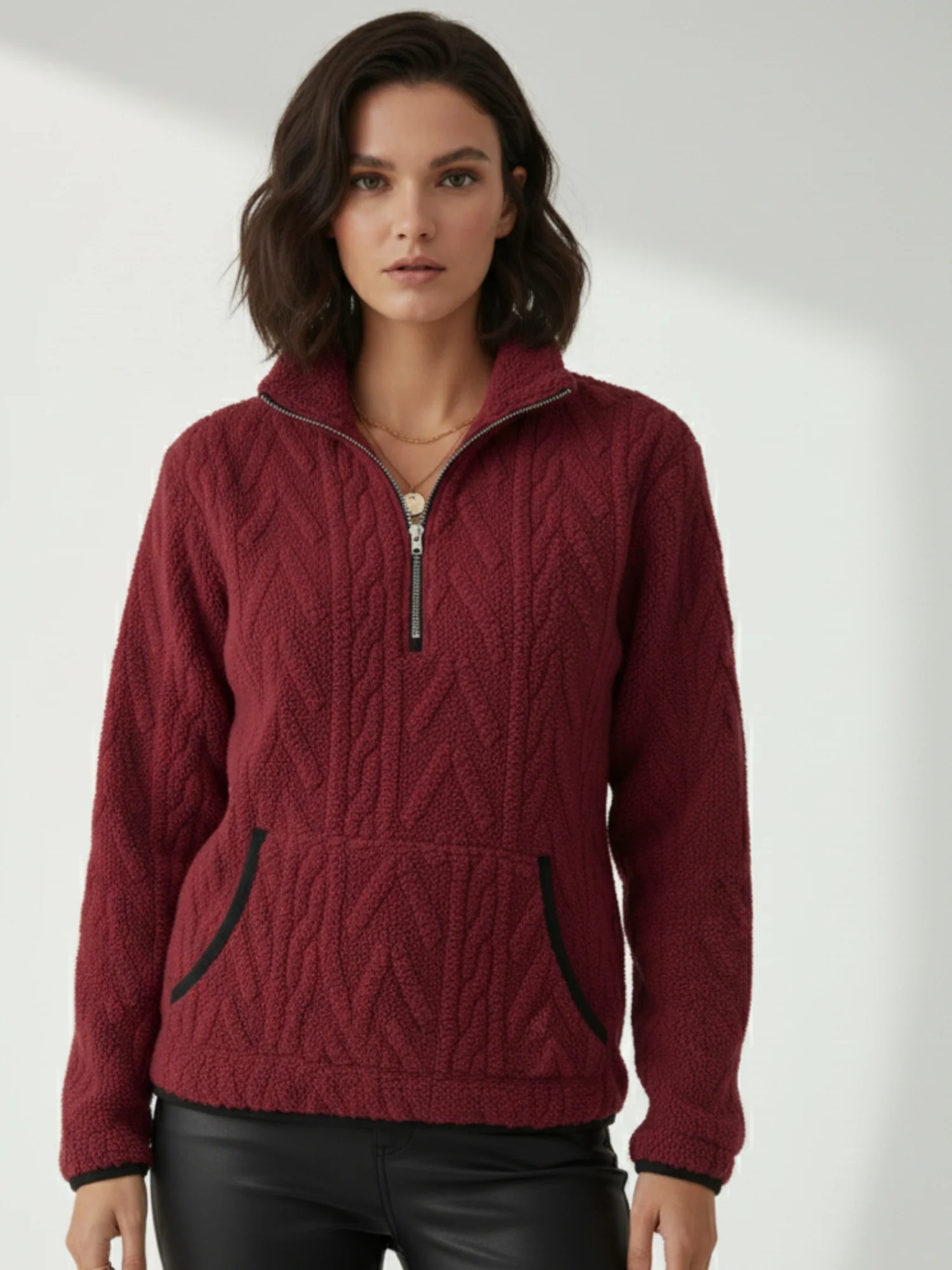 Wine Zip Up Collared Textured Sweater With Pockets - Image 2