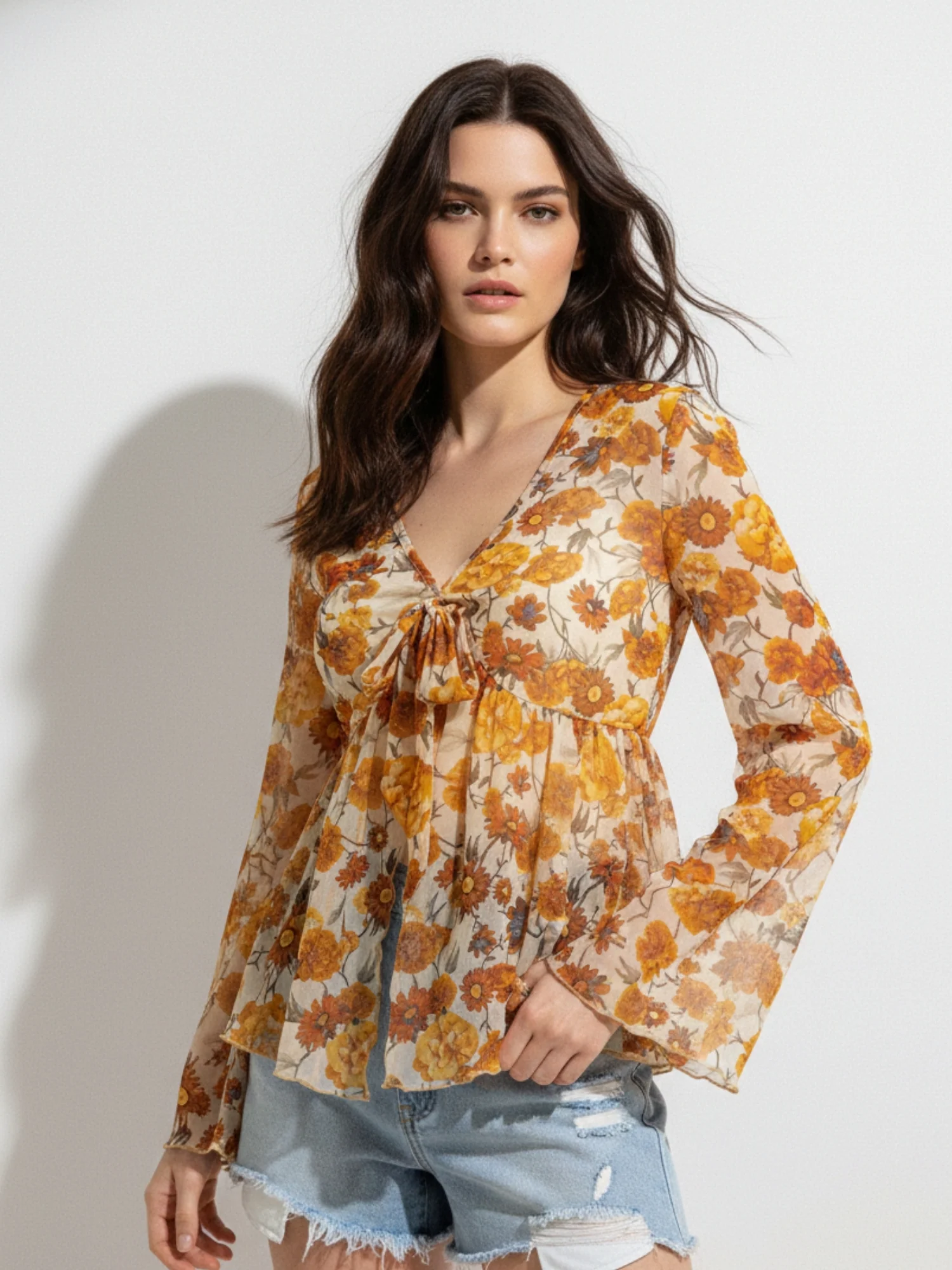 Yellow Bell Sleeve Front Tie-Up Printed Top