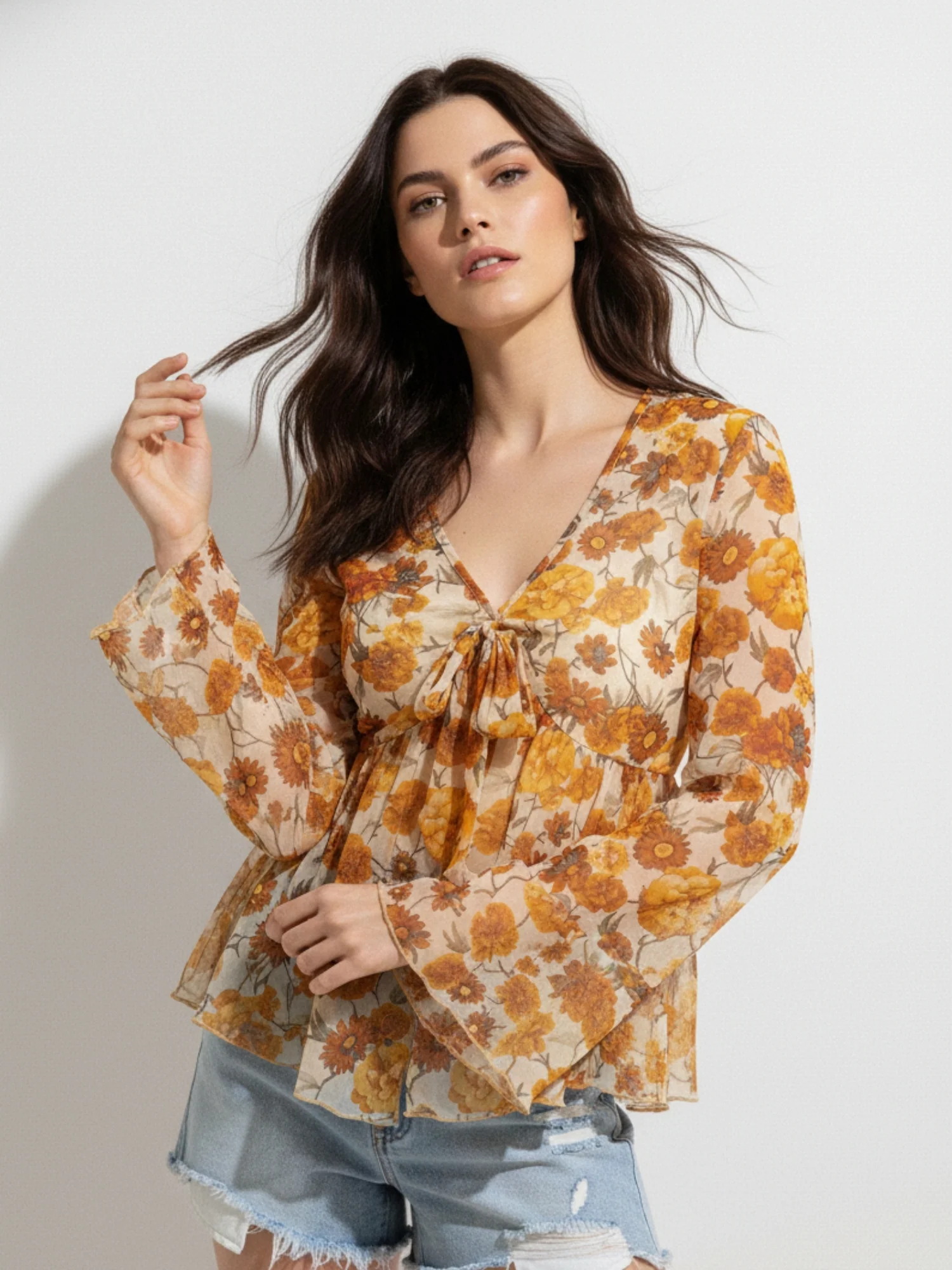 Yellow Bell Sleeve Front Tie-Up Printed Top - Image 3
