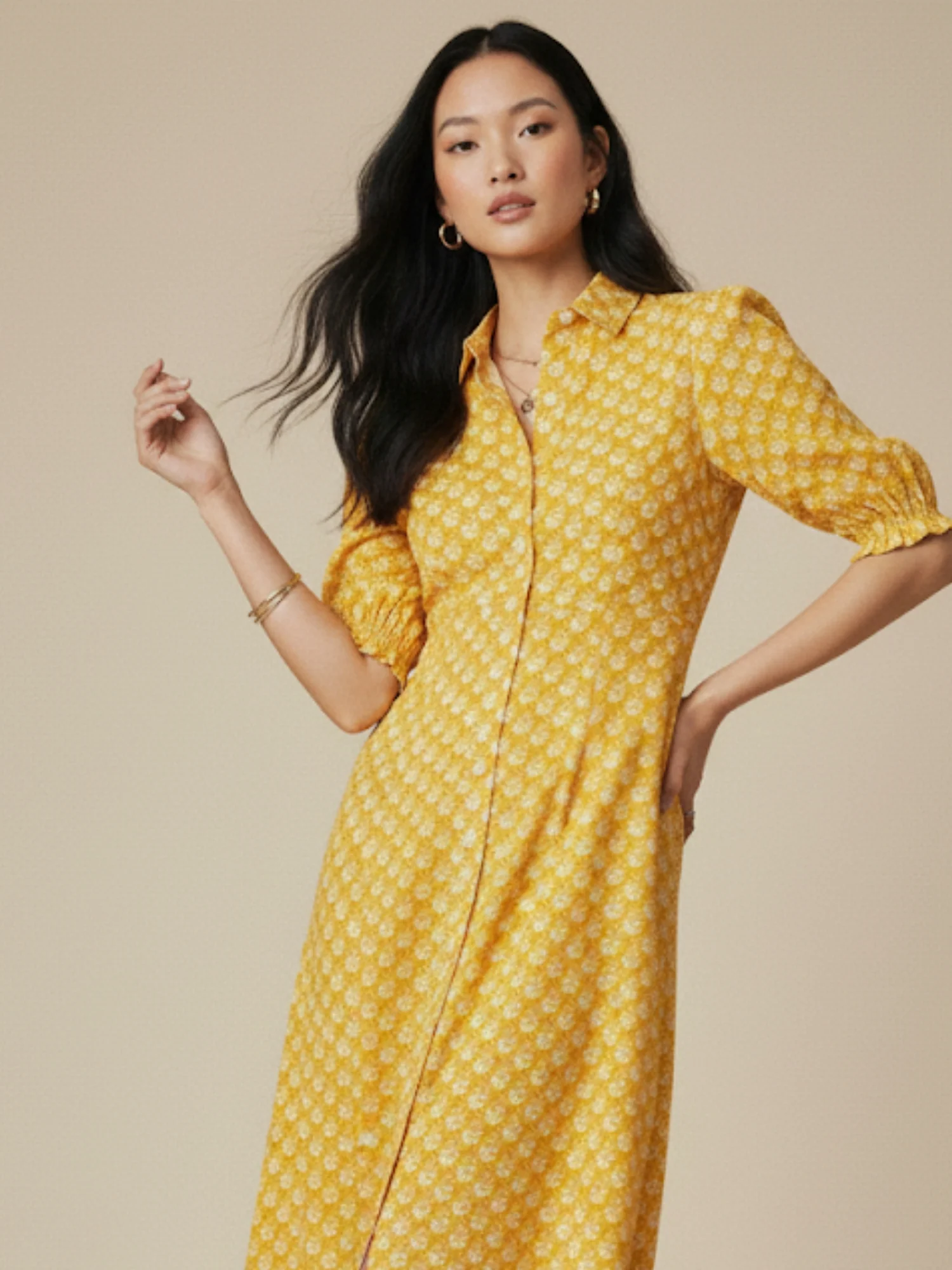 Yellow Fit And Flare Half Sleeves Schiffli Midi Dress - Image 3