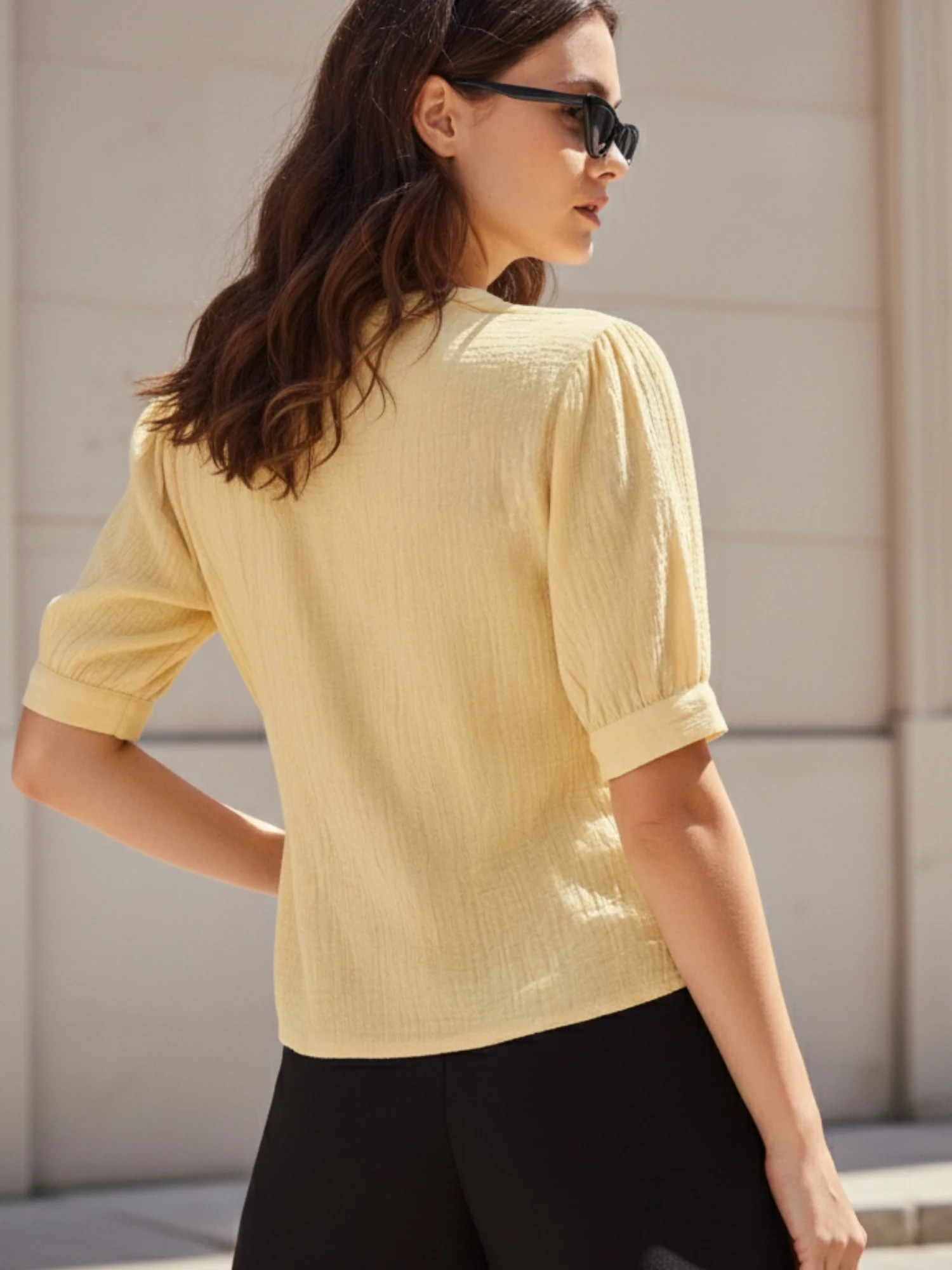 Yellow Front Buttoned Top With Waist Ruching - Image 4