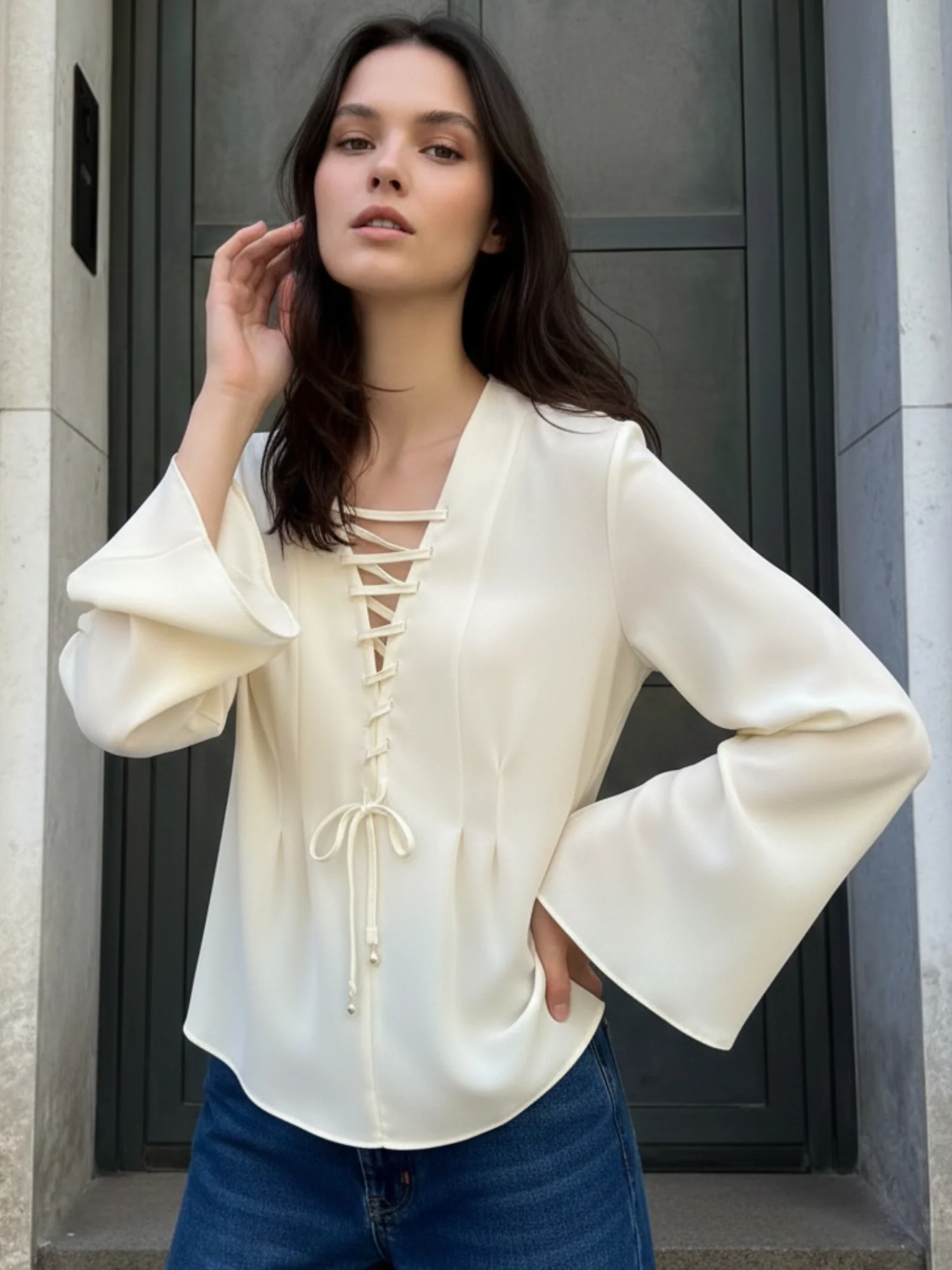 Yellow Front Gladiator Tie Up Flutter Sleeved Blouson - Image 4
