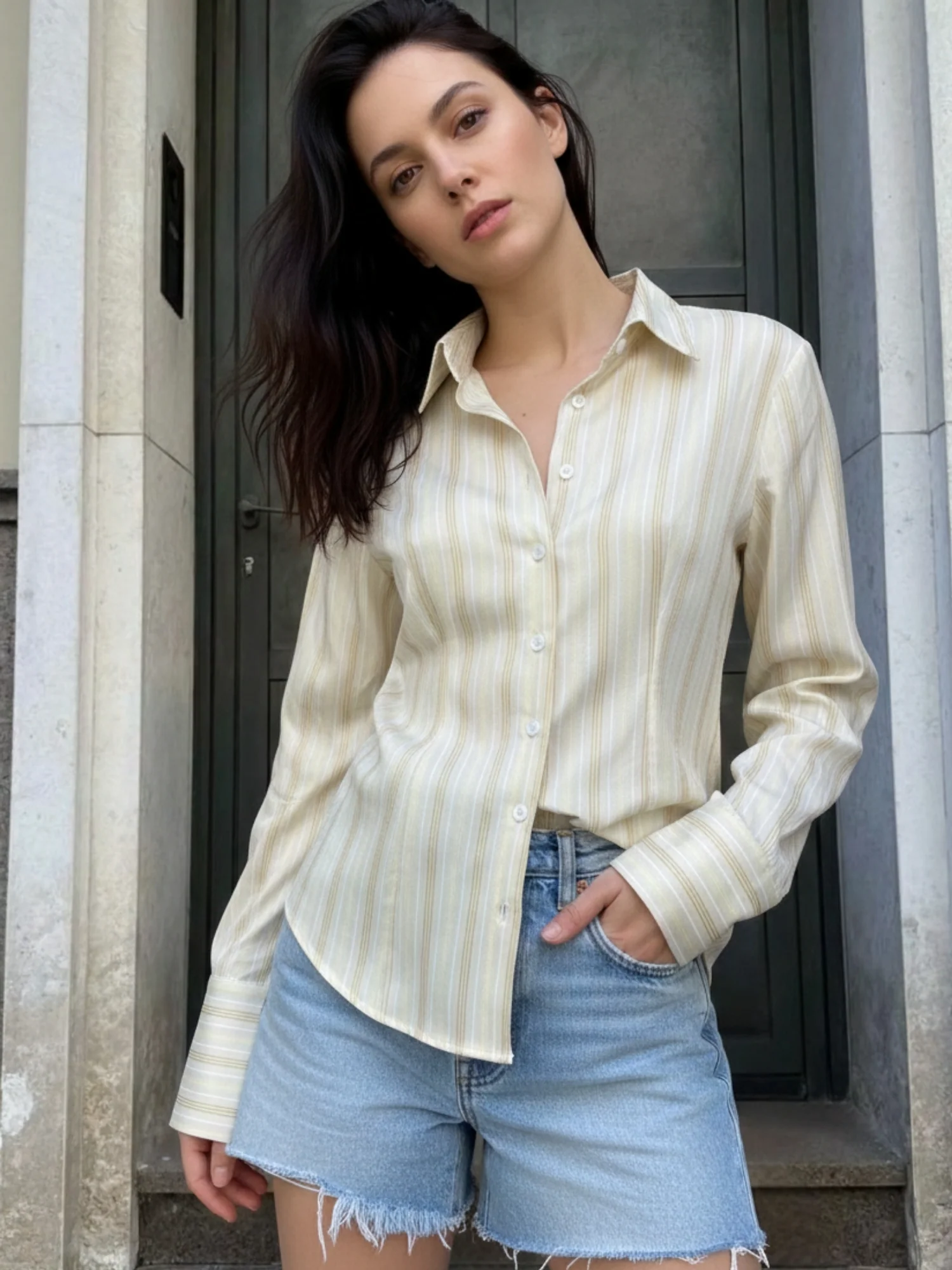 Yellow Full Sleeve Fitted Striped Shirt