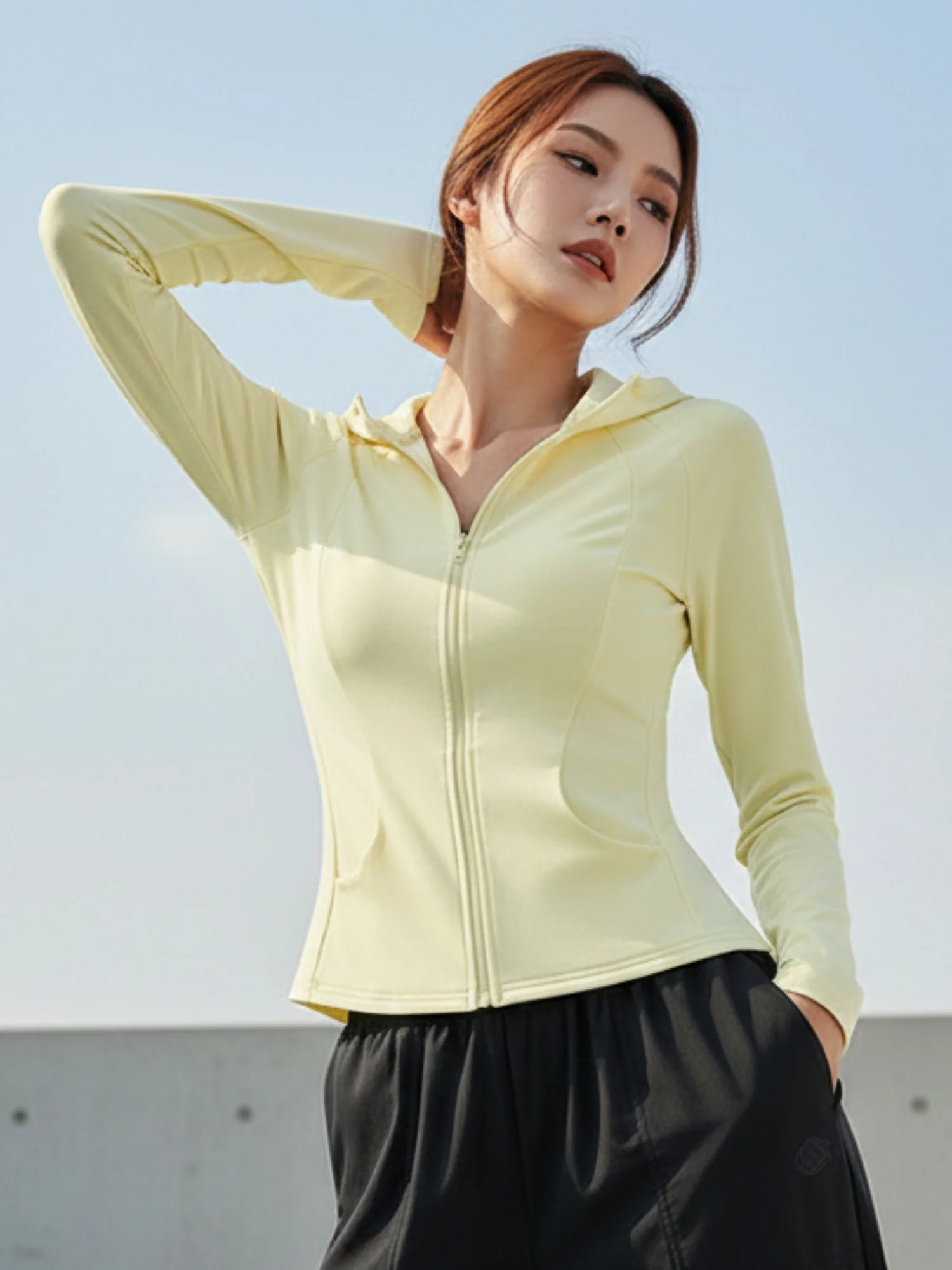 Yellow Full Sleeves Front Zip Hooded Jacket