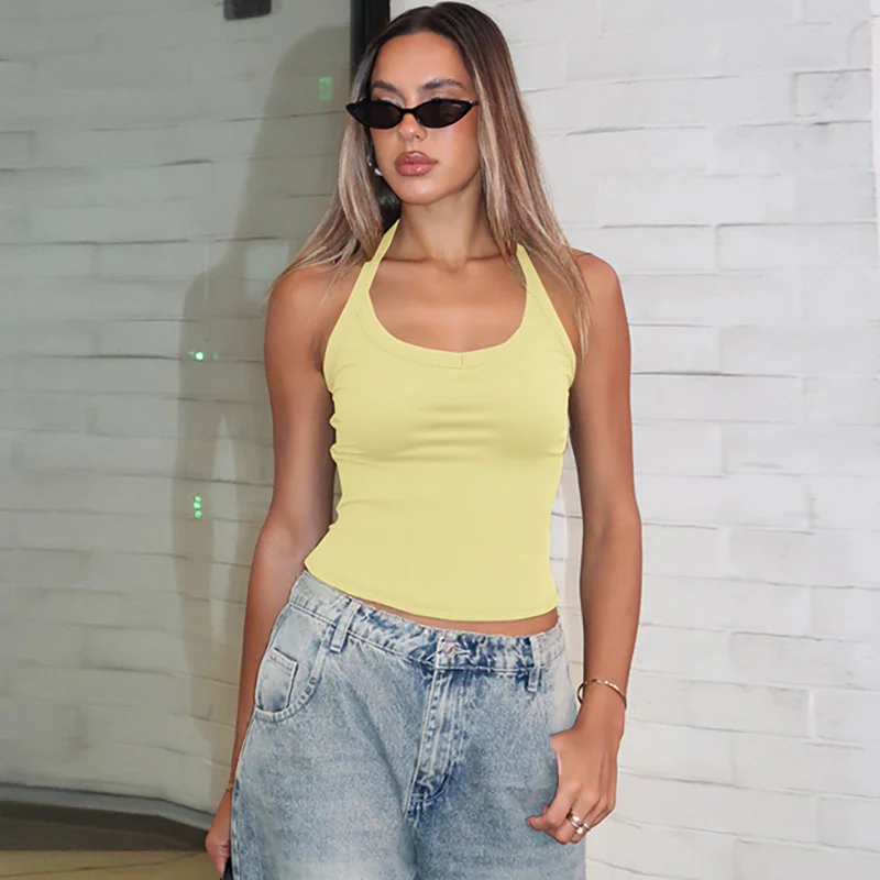 Yellow Halter Neck Ribbed Tank Top