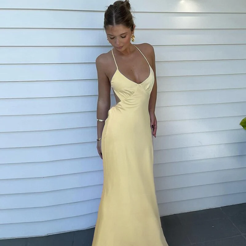 Yellow Halter Neck Solid Evening Dress - Image 2