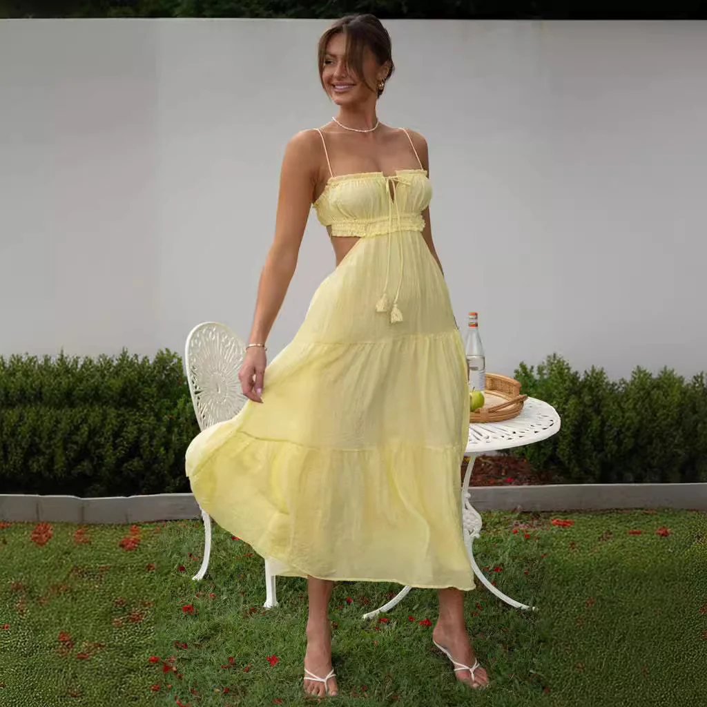 Yellow Noodle Strap Back Tie Up Dress - Image 5