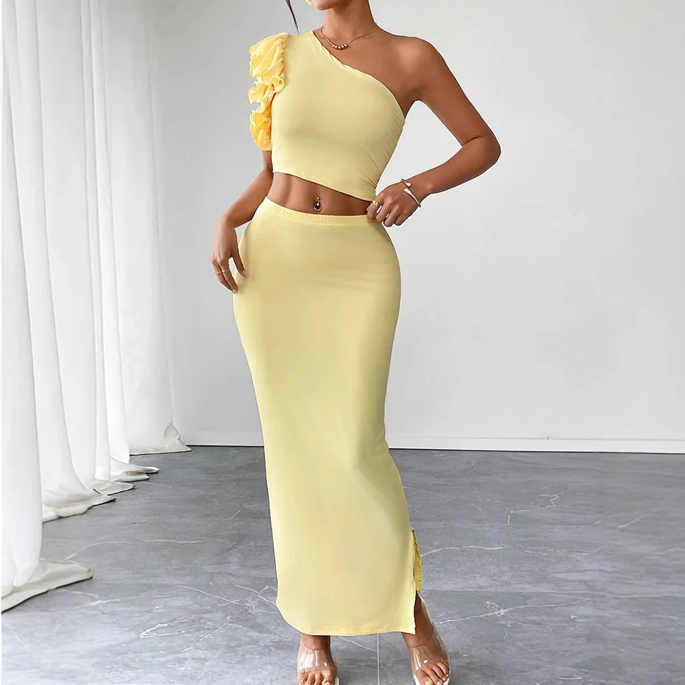 Yellow One Shoulder Top And Skirt Co-Ord Set - Image 2