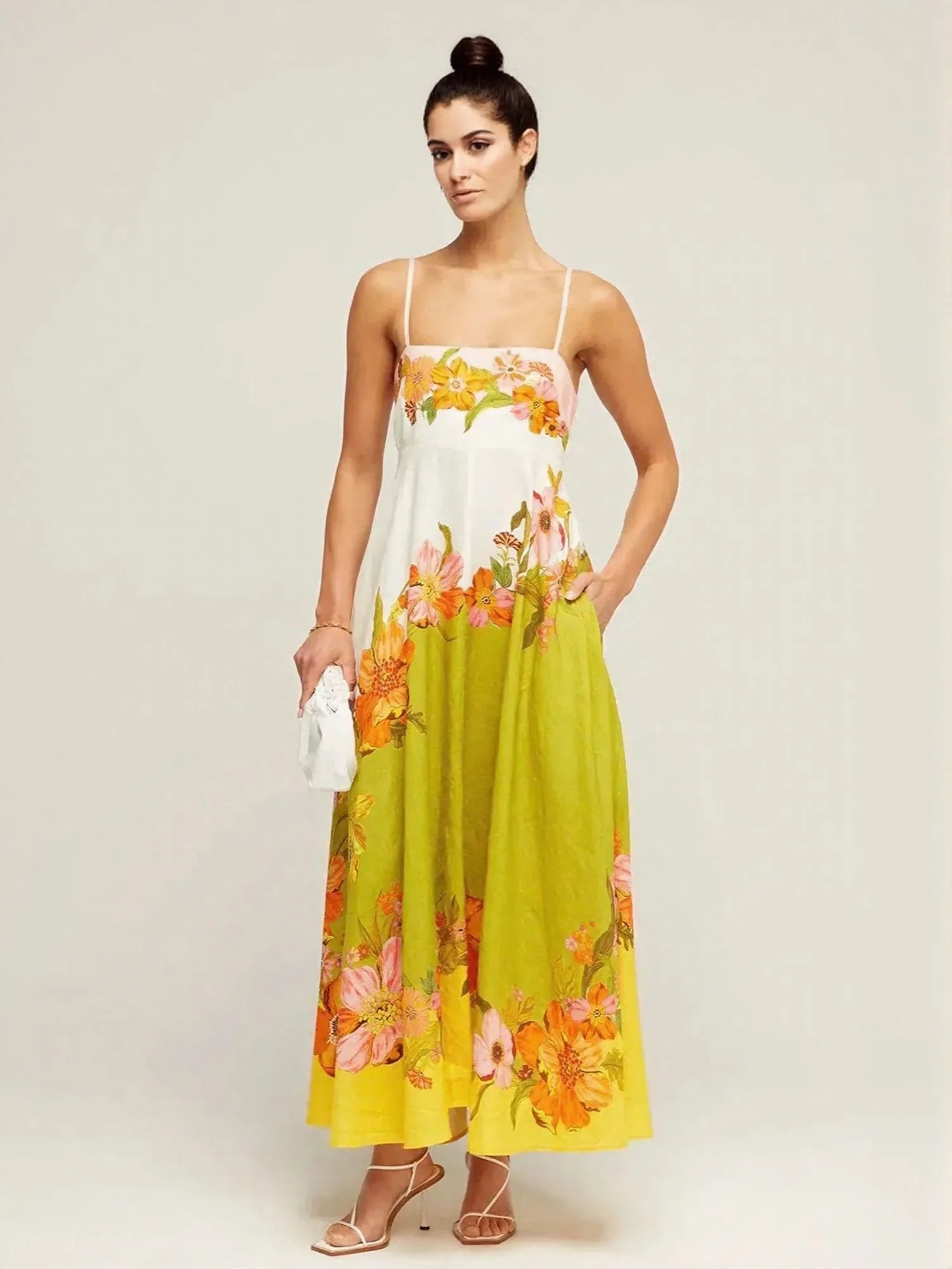Yellow Palcement Print Floral Fit And Flare Maxi Dress