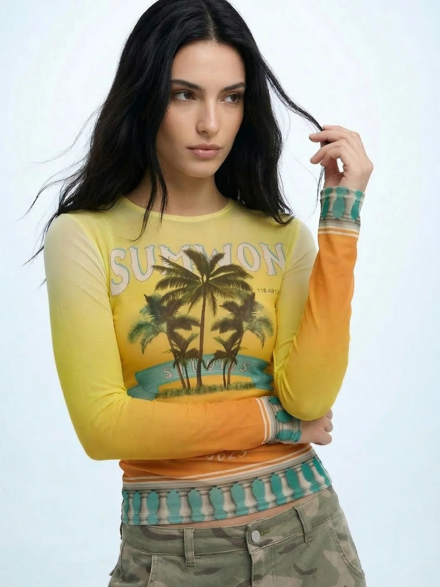 Yellow Printed Full Sleeved Mesh Top - Image 3