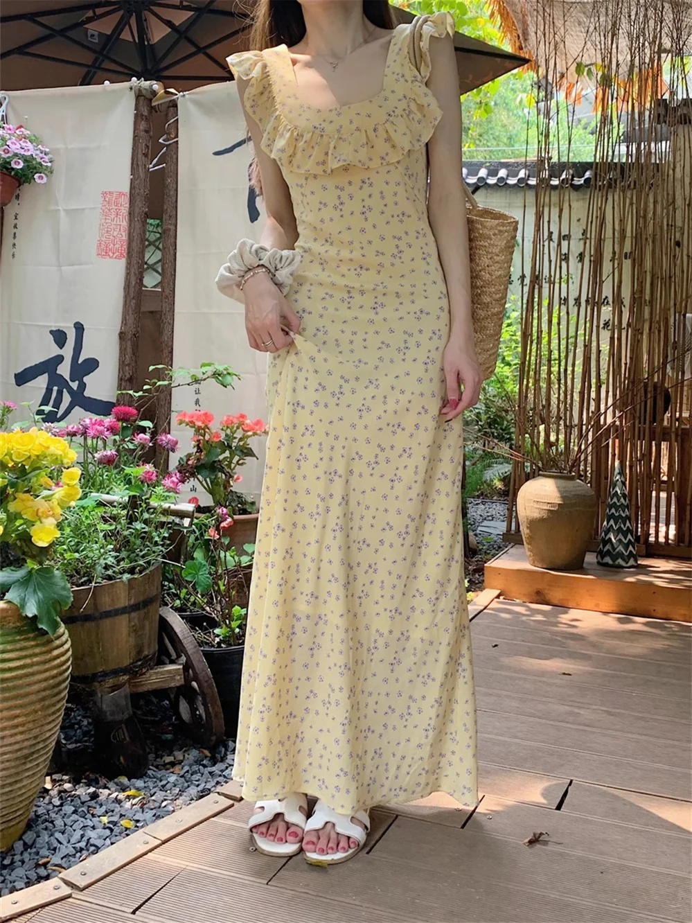 Yellow Printed Ruffle Maxi Dress