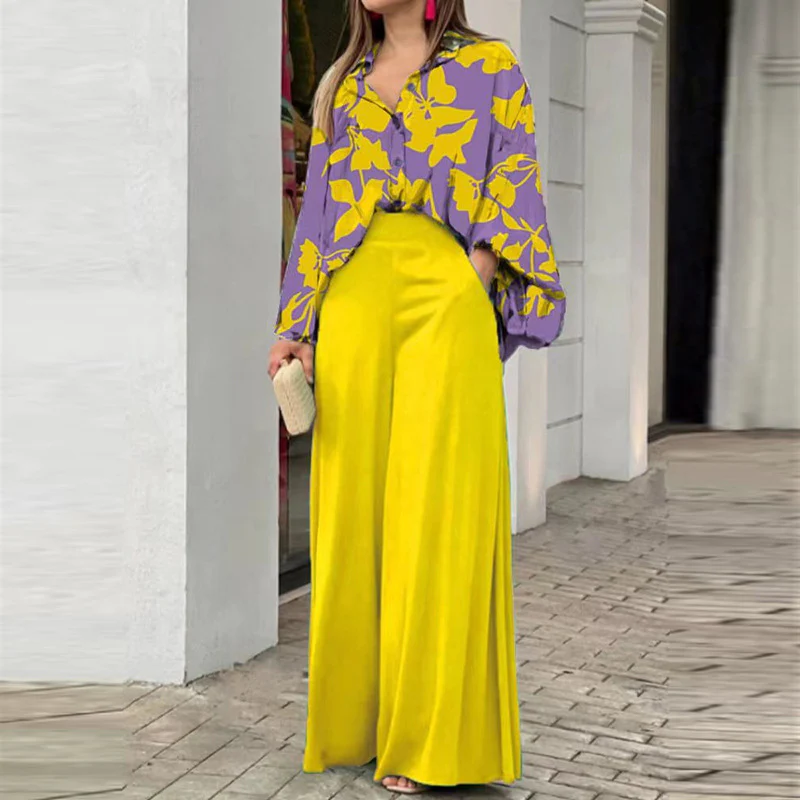 Yellow Printed Shirt And Solid Wide Leg Trouser Co-Ord Set