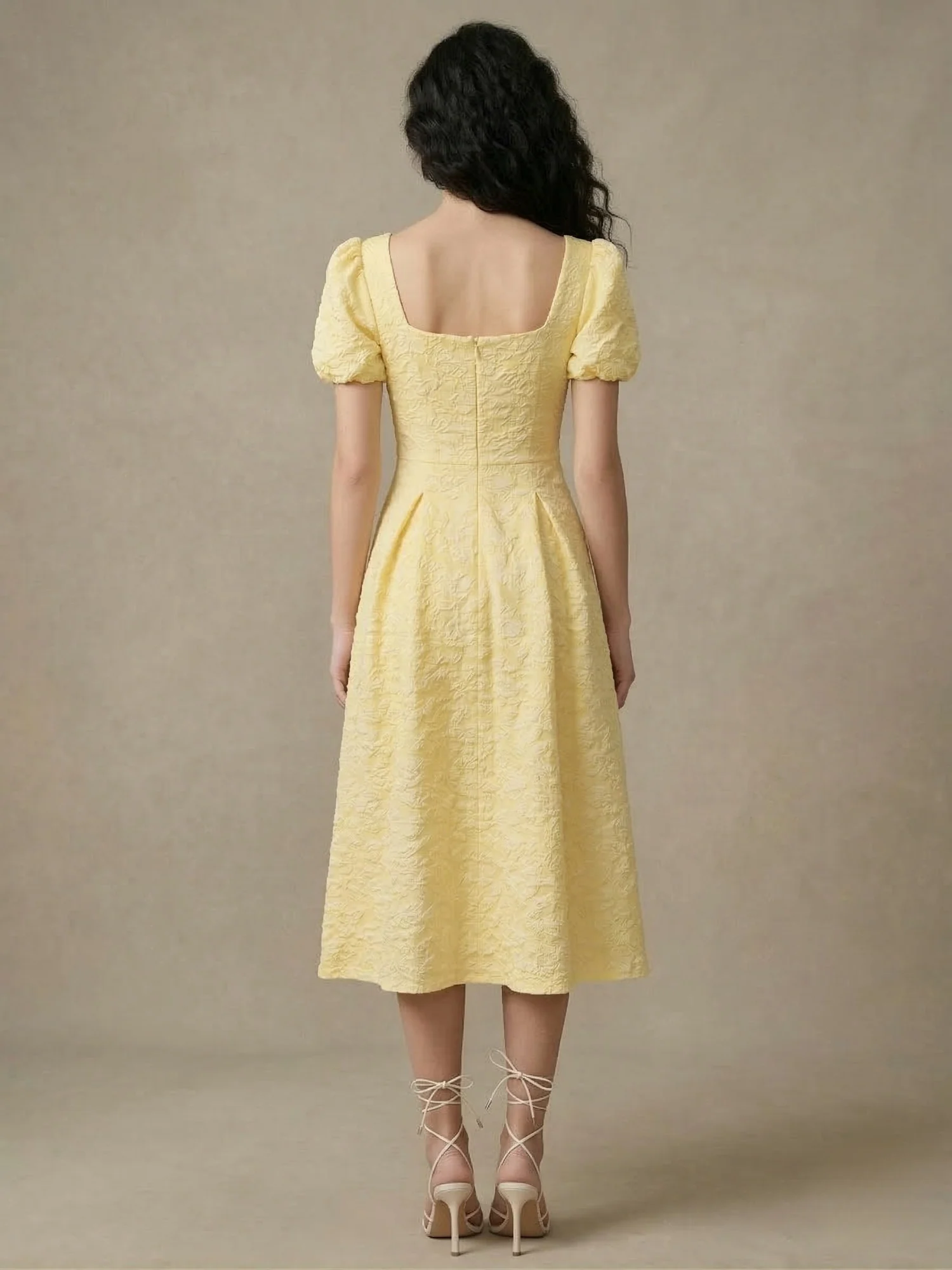 Yellow Puff Sleeve Textured Dress - Image 4