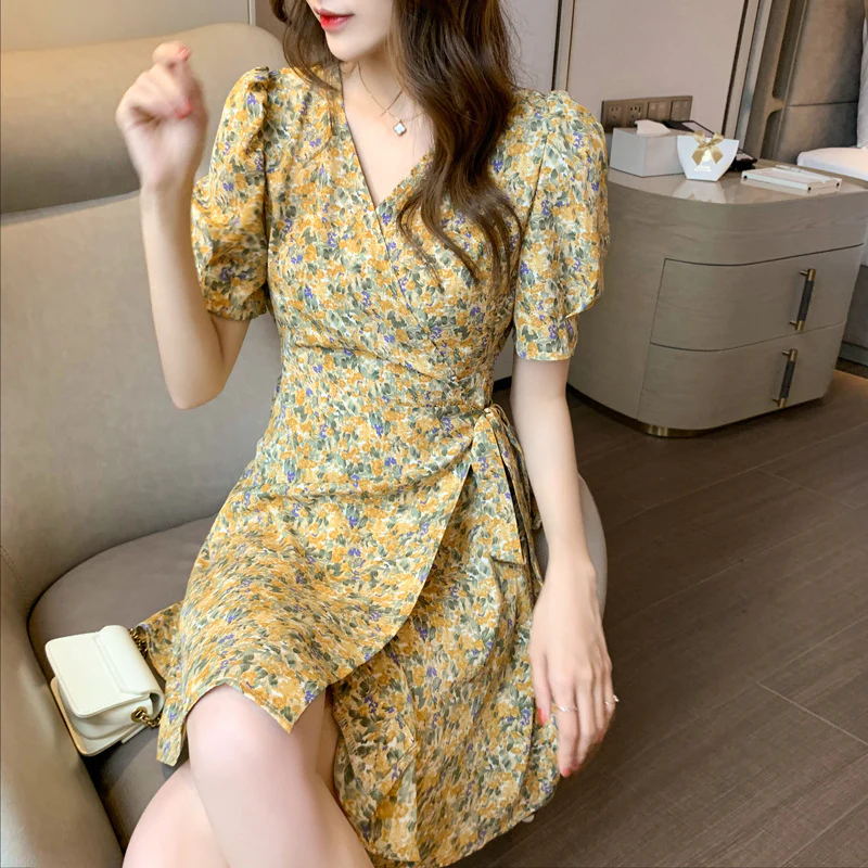 Yellow Puff Sleeve Wrap Dress - Image 2
