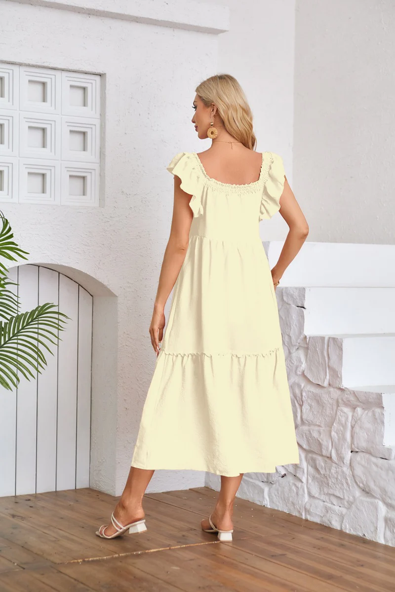 Yellow Solid Flutter Sleeved Empire Waist Smocked Dress - Image 2