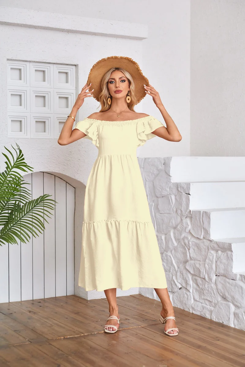 Yellow Solid Flutter Sleeved Empire Waist Smocked Dress - Image 3