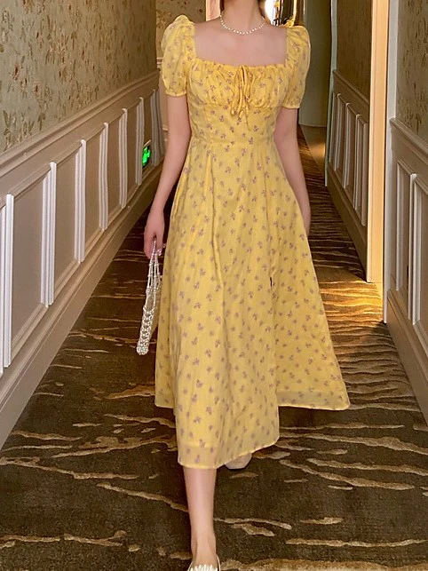 Yellow Square Neck Midi Dress With Puff Sleeve