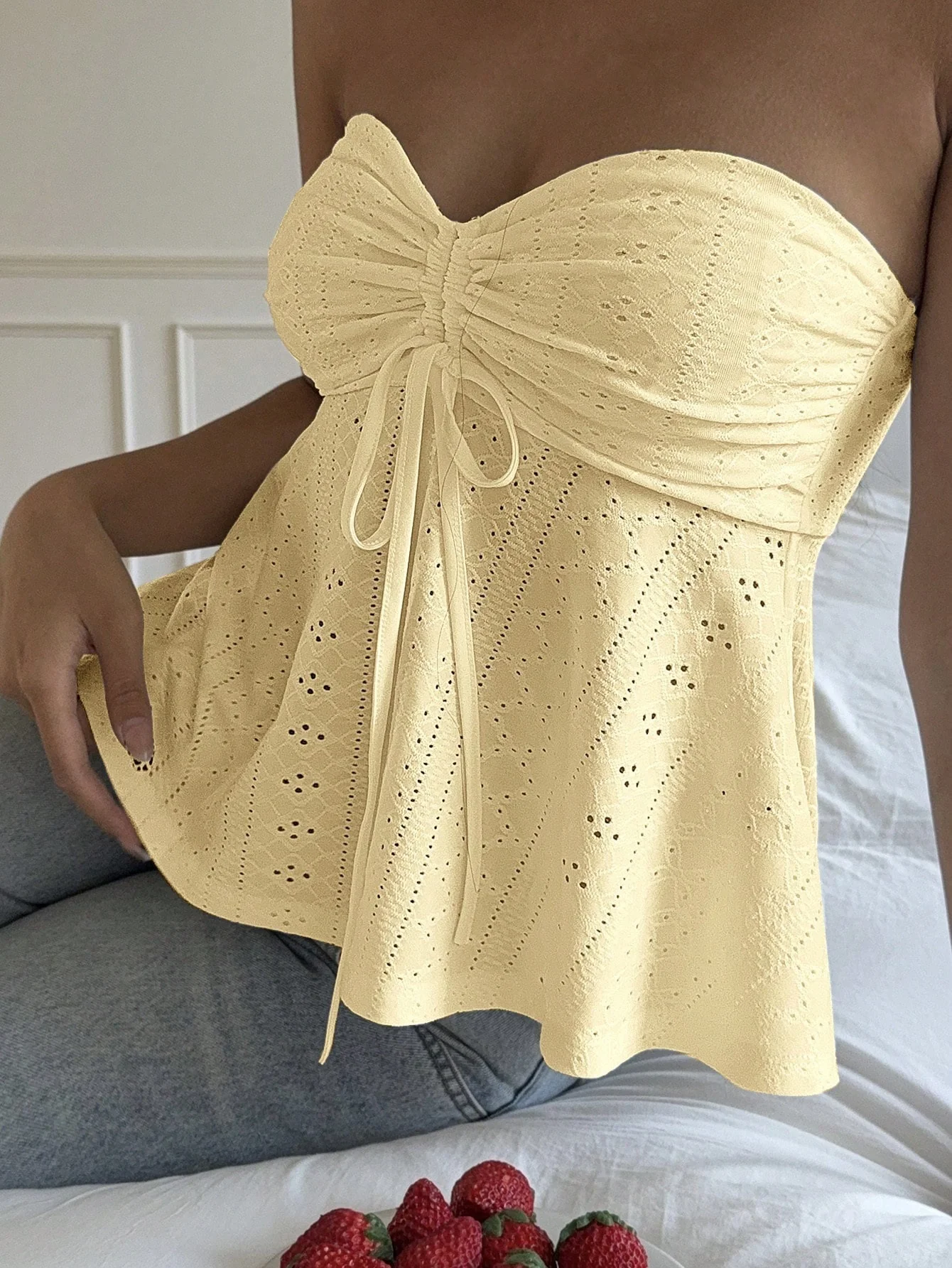 Yellow Strapless Textured Knit Front Ruched Top - Image 4