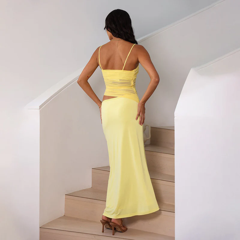 Yellow Strappy Cut Out Mesh Dress - Image 2